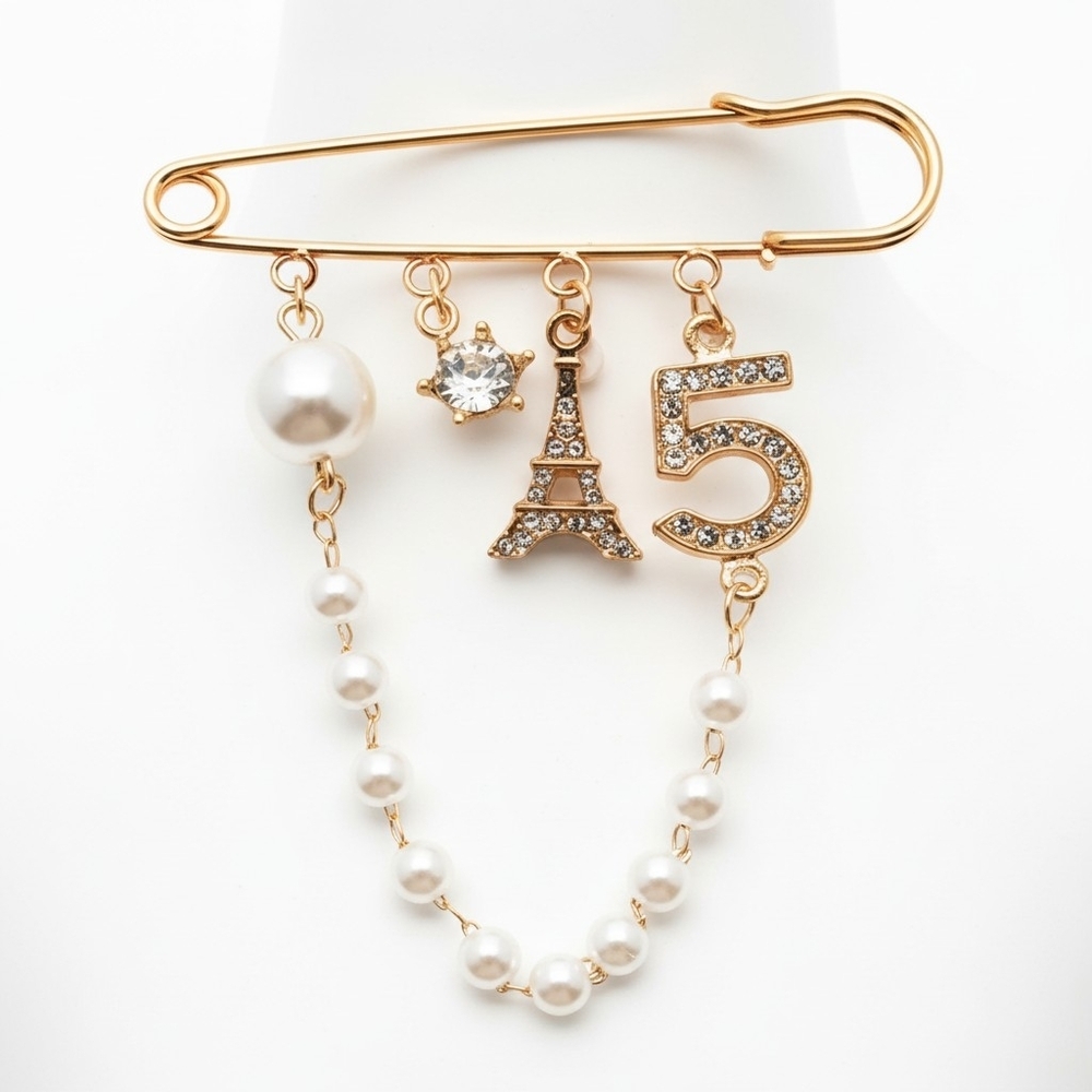 Gold Pearl‎ & Crystal Eiffel '5' Charm Safety Pin Brooch